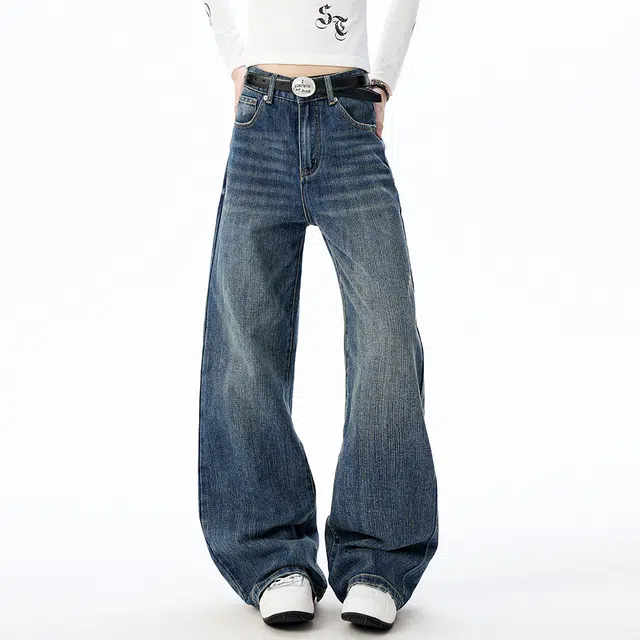 徐太浪 美式复古竹节设计感水洗做旧宽松慵懒风垂感拖地微喇直筒牛仔裤 男女同款