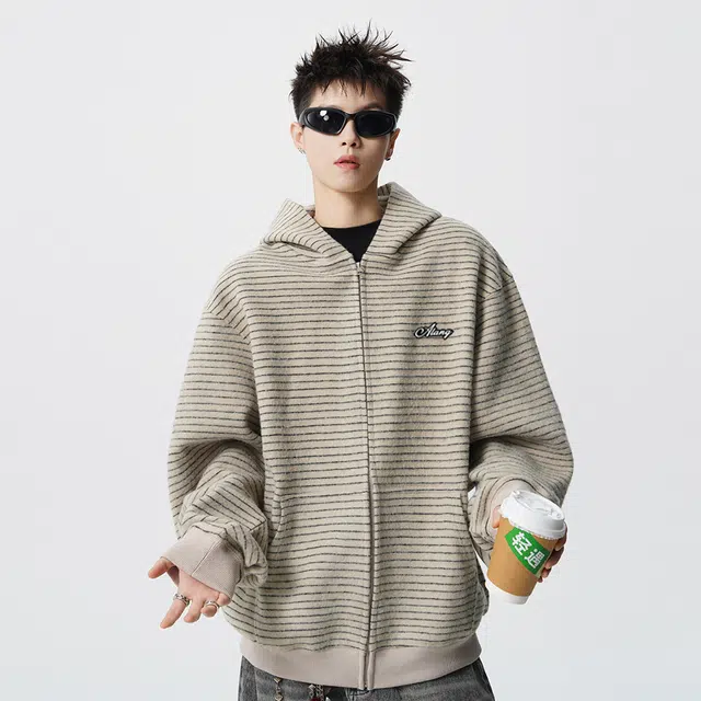 徐太浪 美式复古条纹连帽外套秋冬季宽松卫衣 男女同款