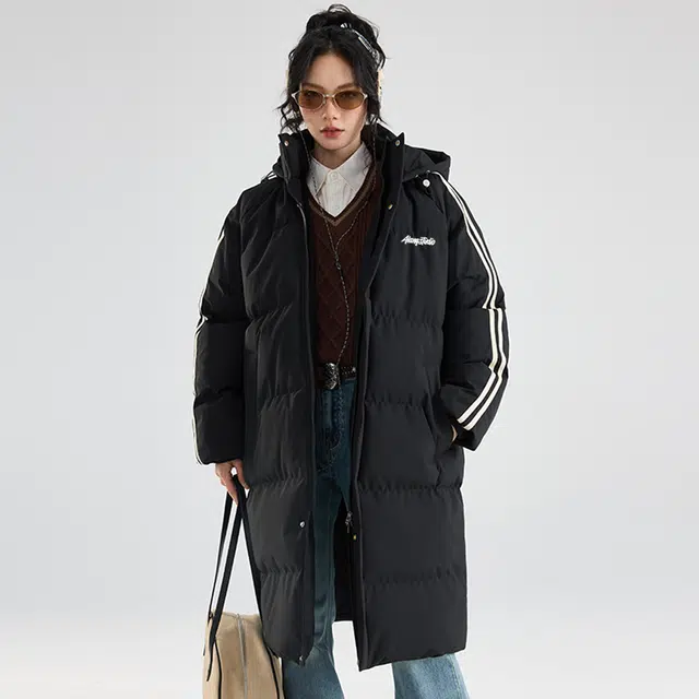 徐太浪 美式中长款过膝保暖面包服侧边撞色条纹设计感加厚连帽上衣外套棉服 男女同款