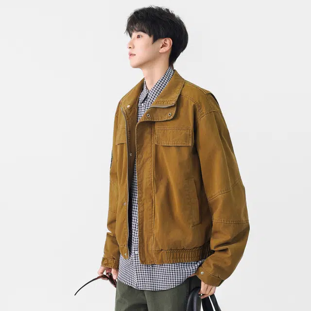 徐太浪 美式高街复古水洗拼接外套潮流翻领工装设计百搭款式长袖耐磨保暖牛仔上衣夹克 男女同款