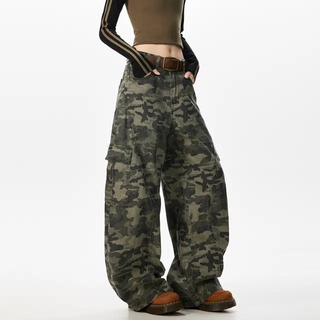 徐太浪 美式复古大口袋设计感中缝弧形拼接工装弯刀裤宽松显瘦潮牌休闲牛仔裤 男女同款