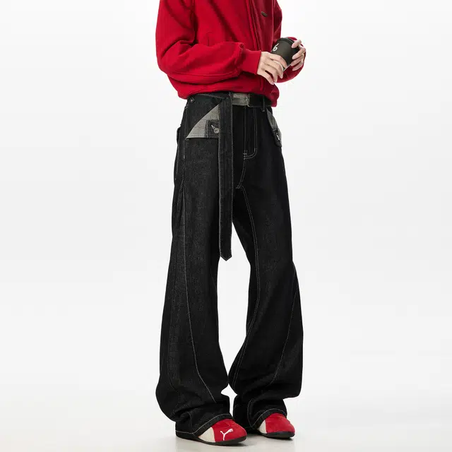 徐太浪 美式复古原牛明线千鸟格撞色设计感微喇叭裤宽松显瘦潮牌休闲牛仔裤 男女同款