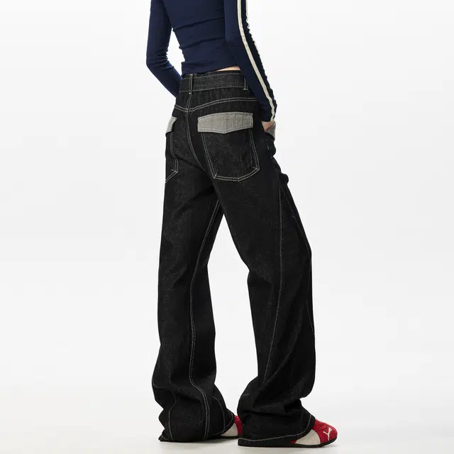 徐太浪 美式复古原牛明线千鸟格撞色设计感微喇叭裤宽松显瘦潮牌休闲牛仔裤 男女同款