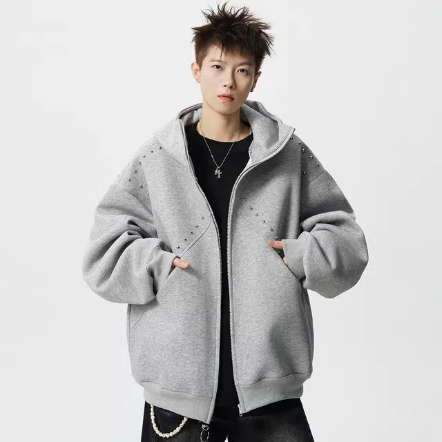 徐太浪 美式高街重磅铆钉设计感痞帅拼接连帽小众情侣开衫上衣外套休闲校园风卫衣 男女同款