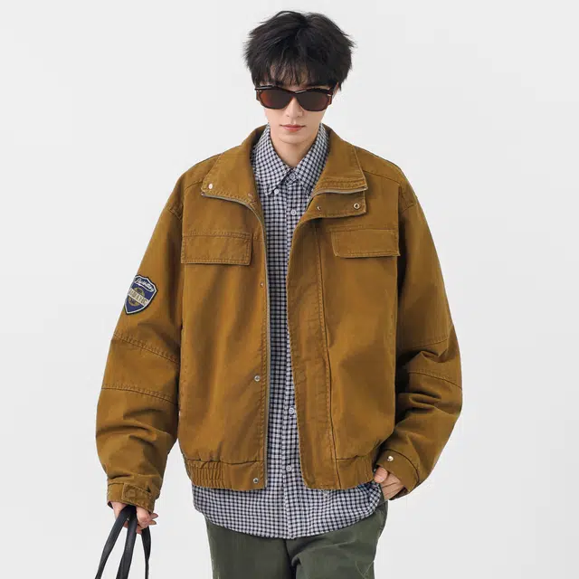 徐太浪 美式高街复古水洗拼接外套潮流翻领工装设计百搭款式长袖耐磨保暖牛仔上衣夹克 男女同款