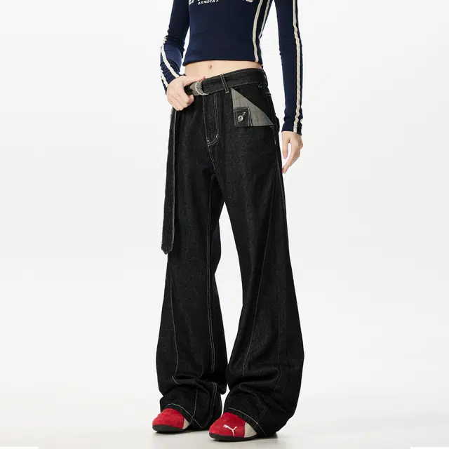 徐太浪 美式复古原牛明线千鸟格撞色设计感微喇叭裤宽松显瘦潮牌休闲牛仔裤 男女同款