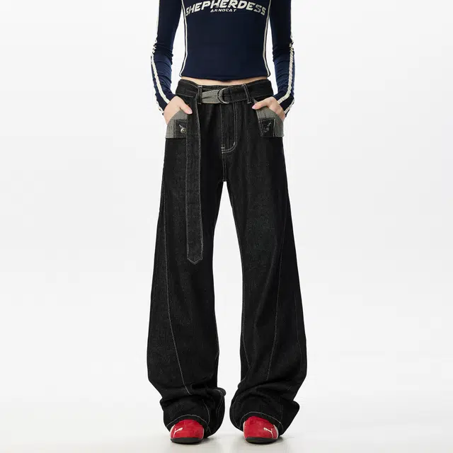 徐太浪 美式复古原牛明线千鸟格撞色设计感微喇叭裤宽松显瘦潮牌休闲牛仔裤 男女同款