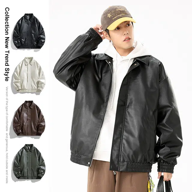 稻草人 纯色翻领外套男港风夹克青少年潮牌皮衣 男女同款