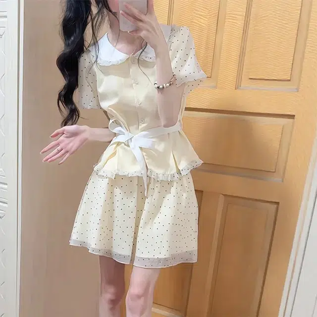 费尔岛上的猫 多风格甜美学院风娃娃领上衣搭配高腰波点半身裙或短裙裙装套装 女款