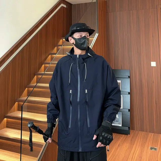 八哥 户外山系纯色拉链多口袋防泼溅连帽休闲宽松休闲机能登山冲锋上衣工装夹克外套 男女同款