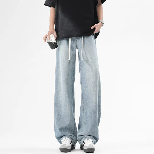 八哥 美式夏季复古高街风冰丝薄款基础款阔腿裤时尚百搭个性垂感松紧系带宽松舒适透气休闲牛仔裤 男女同款
