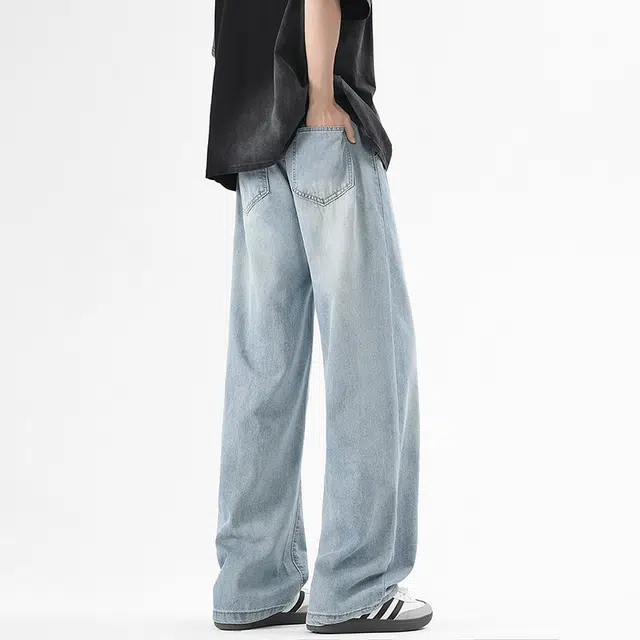 八哥 美式夏季复古高街风冰丝薄款基础款阔腿裤时尚百搭个性垂感松紧系带宽松舒适透气休闲牛仔裤 男女同款