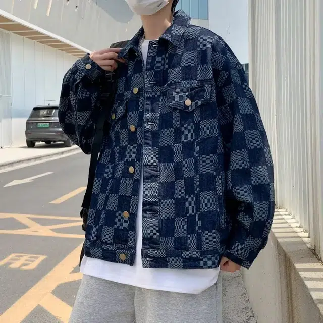 八哥 千鸟格美式复古简约宽松直筒单排扣百搭时尚牛仔外套 男女同款