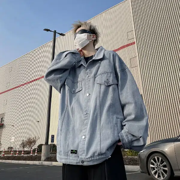八哥 美式复古嘻哈高街水洗做旧废土风日系简约基础款高级感多口袋休闲宽松翻领港风牛仔外套 男女同款