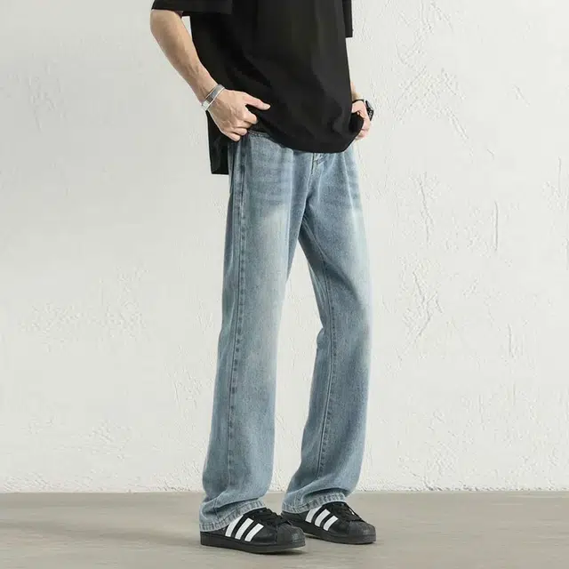 八哥 高街美式休闲宽松水洗做旧微喇弯刀裤纯色简约基础款潮牌时尚弹力显高显瘦柔软不硬户外休闲运动日常通勤牛仔裤 男女同款