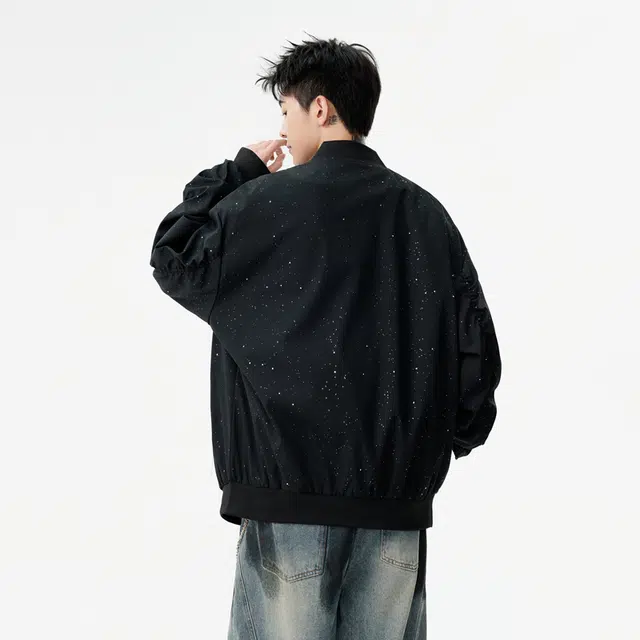 八哥 美式复古高街设计感满天星纯色基础款简约经典宽松舒适通勤翻领拉链工装长袖外套夹克 男女同款