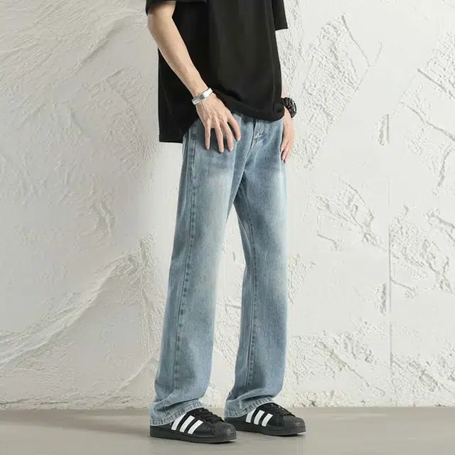 八哥 高街美式休闲宽松水洗做旧微喇弯刀裤纯色简约基础款潮牌时尚弹力显高显瘦柔软不硬户外休闲运动日常通勤牛仔裤 男女同款