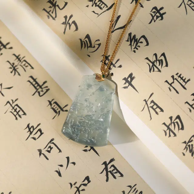 清雪 新中式国风 文玩山水牌 仁者乐山智者乐水  古风 意境感 事业运爆棚 升职加薪 糯冰 翡翠项链 男女同款情侣款