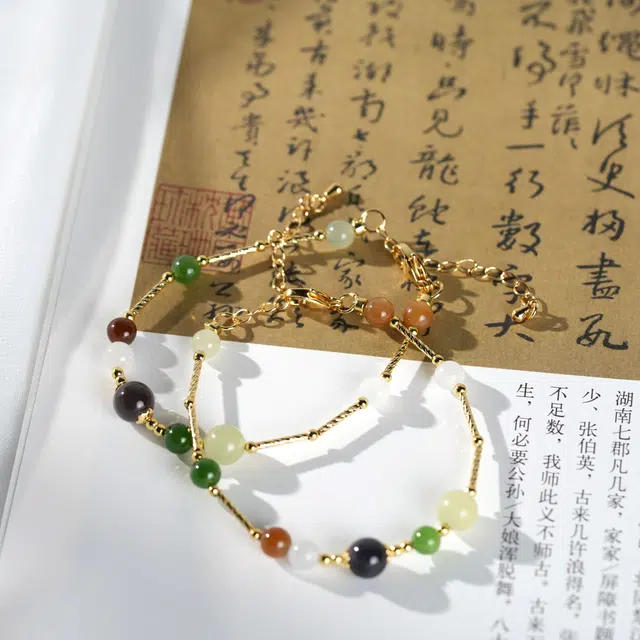 清雪 碎金设计款多福好运守护新中式国风糖果彩色 和田玉手链 烟紫 男女同款情侣款