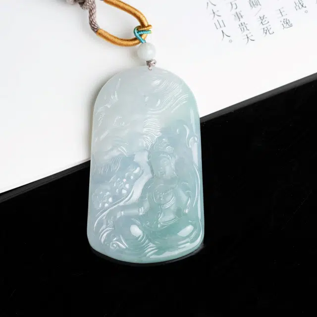 清雪 新中式国风 守护 好运 大师工艺 观音 狮头 晴底雕刻牌子 糯冰 翡翠项链 男女同款情侣款