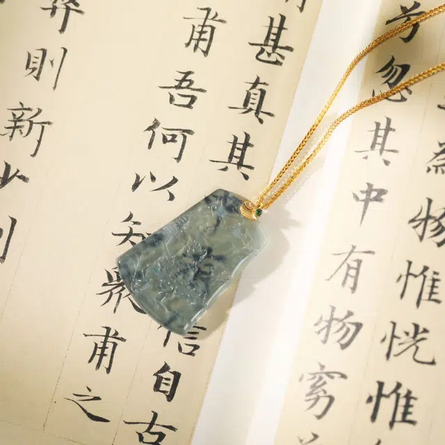 清雪 新中式国风 文玩山水牌 仁者乐山智者乐水  古风 意境感 事业运爆棚 升职加薪 糯冰 翡翠项链 男女同款情侣款