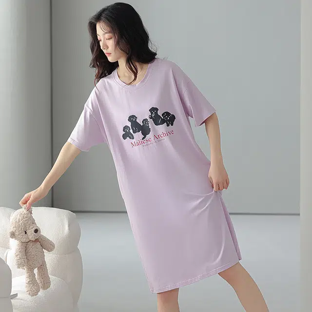 贴身领域 卡通印花薄款圆领套头休闲短袖可外穿睡裙 女款 紫色