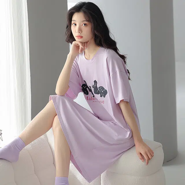贴身领域 卡通印花薄款圆领套头休闲短袖可外穿睡裙 女款 紫色