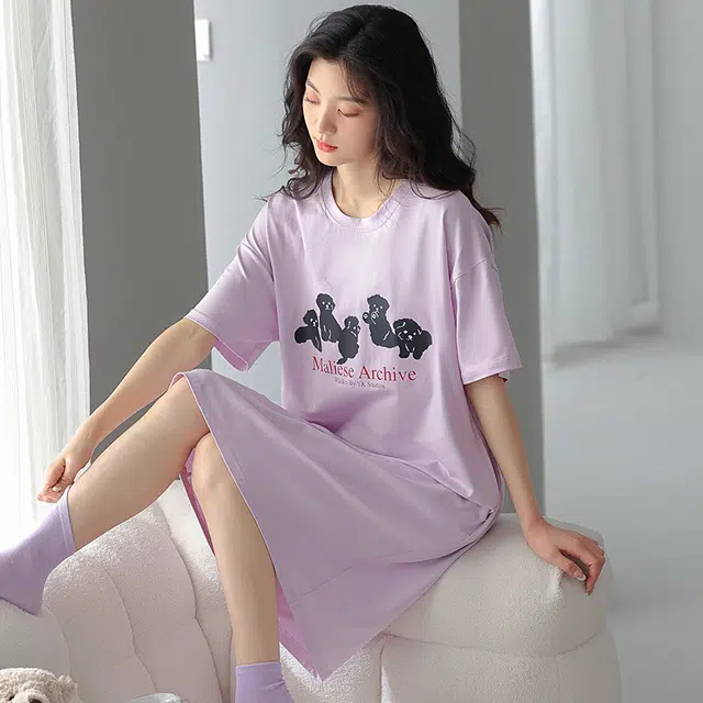 贴身领域 卡通印花薄款圆领套头休闲短袖可外穿睡裙 女款 紫色