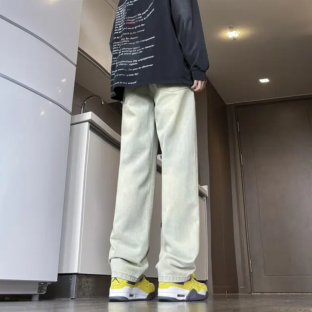 沐诚阳译 美式高街基础款复古水洗做旧黄泥废土风抽绳宽松阔腿直筒松紧腰系带休闲牛仔裤 男女同款