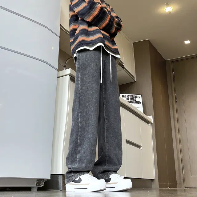 沐诚阳译 美式高街基础款复古水洗做旧黄泥废土风抽绳宽松阔腿直筒松紧腰系带休闲牛仔裤 男女同款