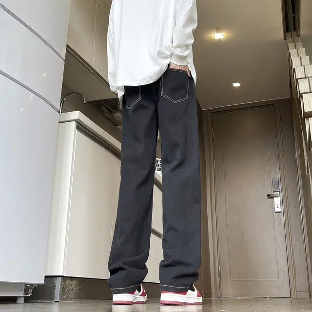 沐诚阳译 美式高街基础款复古水洗做旧黄泥废土风抽绳宽松阔腿直筒松紧腰系带休闲牛仔裤 男女同款