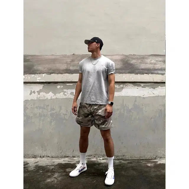 沐诚阳译 美式复古迷彩网眼透气百搭训练三四分裤运动短裤 男女同款