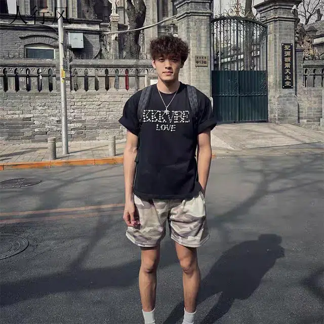 沐诚阳译 美式复古迷彩网眼透气百搭训练三四分裤运动短裤 男女同款