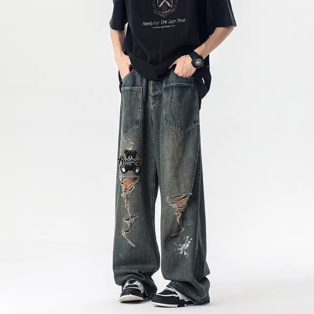 HUANQIU Vintage Streetwear Denim Pants