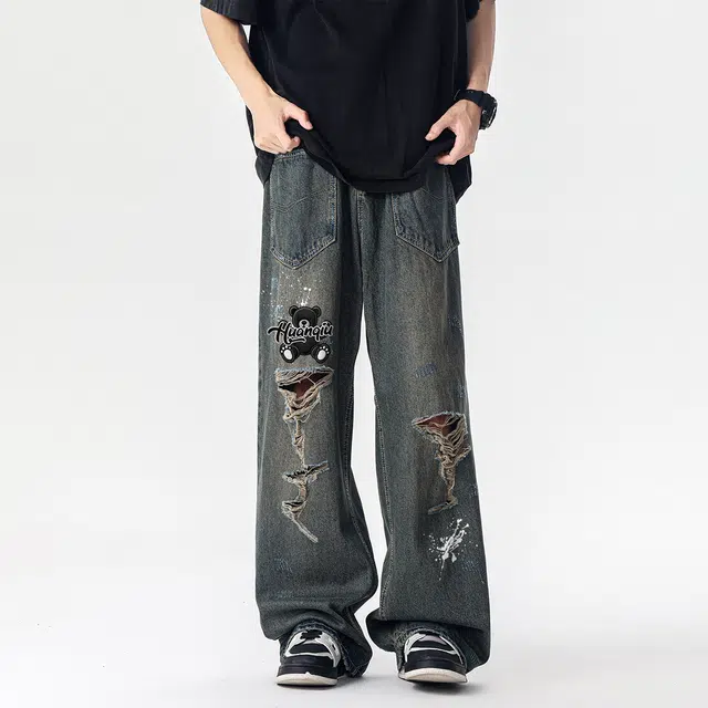 HUANQIU Vintage Streetwear Denim Pants
