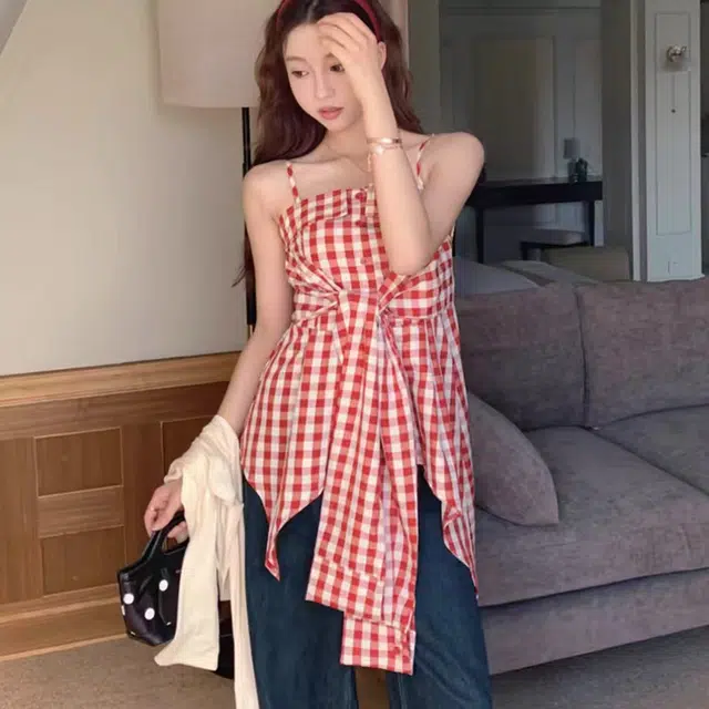依钗 不规则系蝴蝶结格子纯欲修身背心吊带 女款