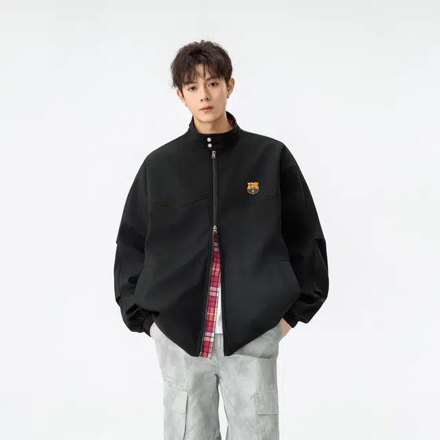 巴塞罗那足球俱乐部 美式潮牌假两件撞色山系户外防风防水高街简约外套基础款潮流时尚无性别主义宽松休闲学院风百搭夹克 男女同款