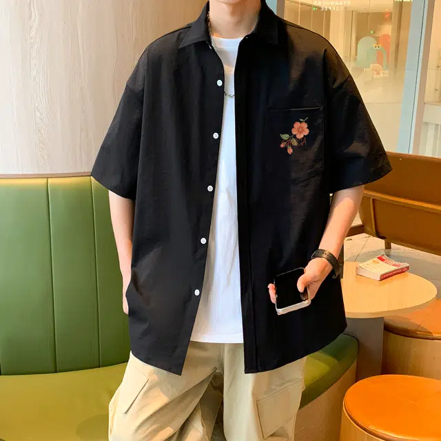 巴塞罗那足球俱乐部 美式复古花卉刺绣日常基础款宽松垂感冰丝透气落肩翻领短袖衬衫 男女同款