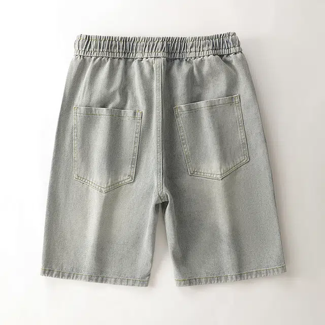 巴塞罗那足球俱乐部 美式复古简约基础款做旧水洗舒适休闲通勤百搭多口袋松紧抽绳系带无性别主义牛仔短裤 男女同款