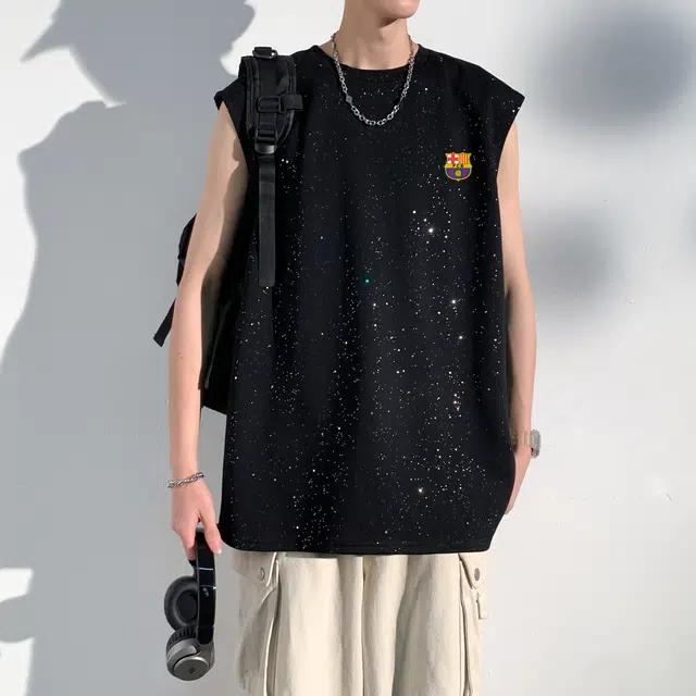 巴塞罗那足球俱乐部 美式潮牌满天星百搭时尚复古简约舒适透气基础款宽松休闲运动无袖背心 男女同款