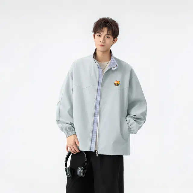 巴塞罗那足球俱乐部 美式潮牌假两件撞色山系户外防风防水高街简约外套基础款潮流时尚无性别主义宽松休闲学院风百搭夹克 男女同款