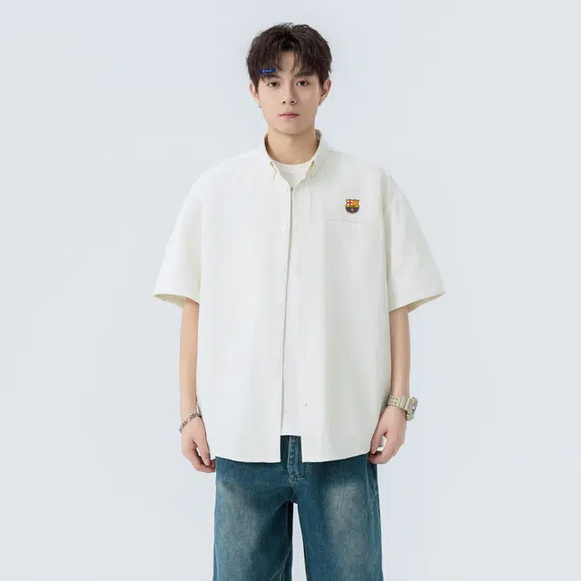 巴塞罗那足球俱乐部 美式高级感品牌印花设计时尚简约复古休闲运动百搭宽松翻领短袖衬衫 男女同款