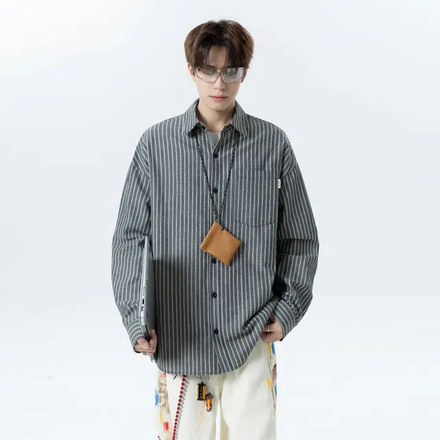 范索米 慵懒松弛感 学院港风复古条纹日常休闲通勤单穿衬衫外套防晒 男女同款