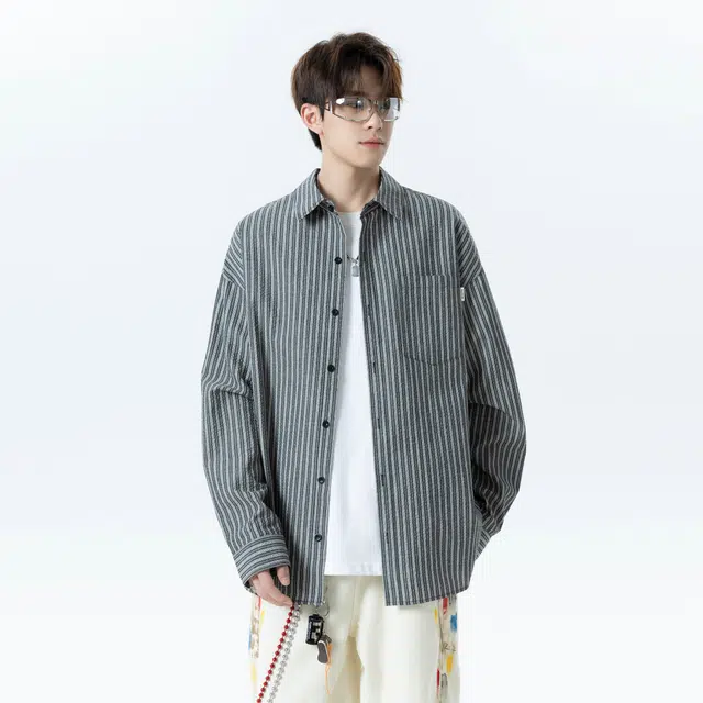 范索米 慵懒松弛感 学院港风复古条纹日常休闲通勤单穿衬衫外套防晒 男女同款