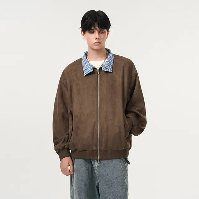 范索米 美式街头短款格子拼接时尚宽松百搭麂皮夹克情侣 男女同款