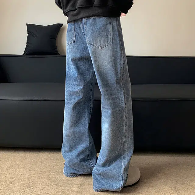 范索米 美式高街复古帅气裂纹水洗时尚休闲宽松牛仔裤 男女同款