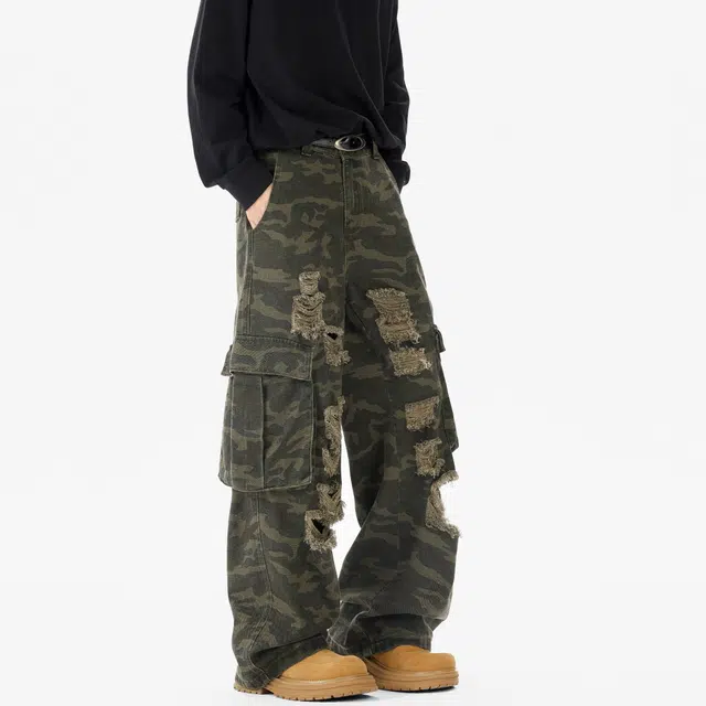 范索米 美式高街复古嘻哈破洞宽松时尚百搭工装牛仔裤 男女同款