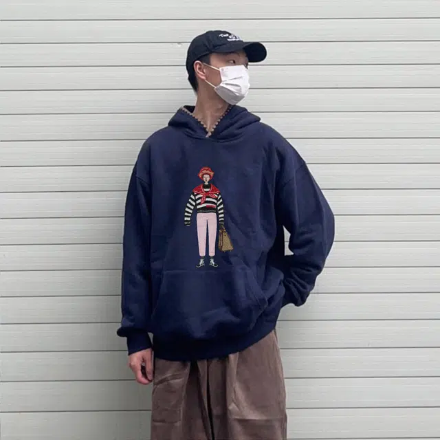 范索米 秋款学院风 绘画人物布贴刺绣连帽宽松百搭卫衣情侣 男女同款