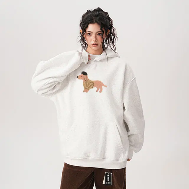 范索米 学院风卡通腊肠小狗宽松慵懒休闲连帽卫衣 男女同款