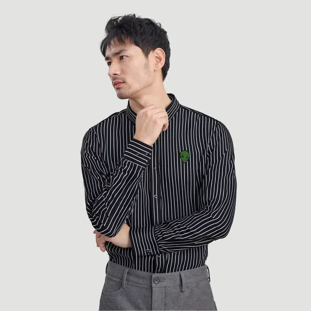 范索米 时尚休闲趣味外星人图案长袖条纹衬衫 男款